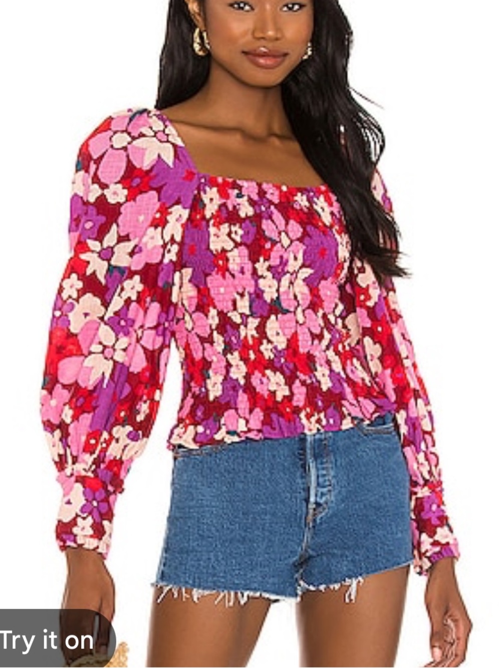 Free People Ariana Printed Smocked Puff-Sleeve Floral Top